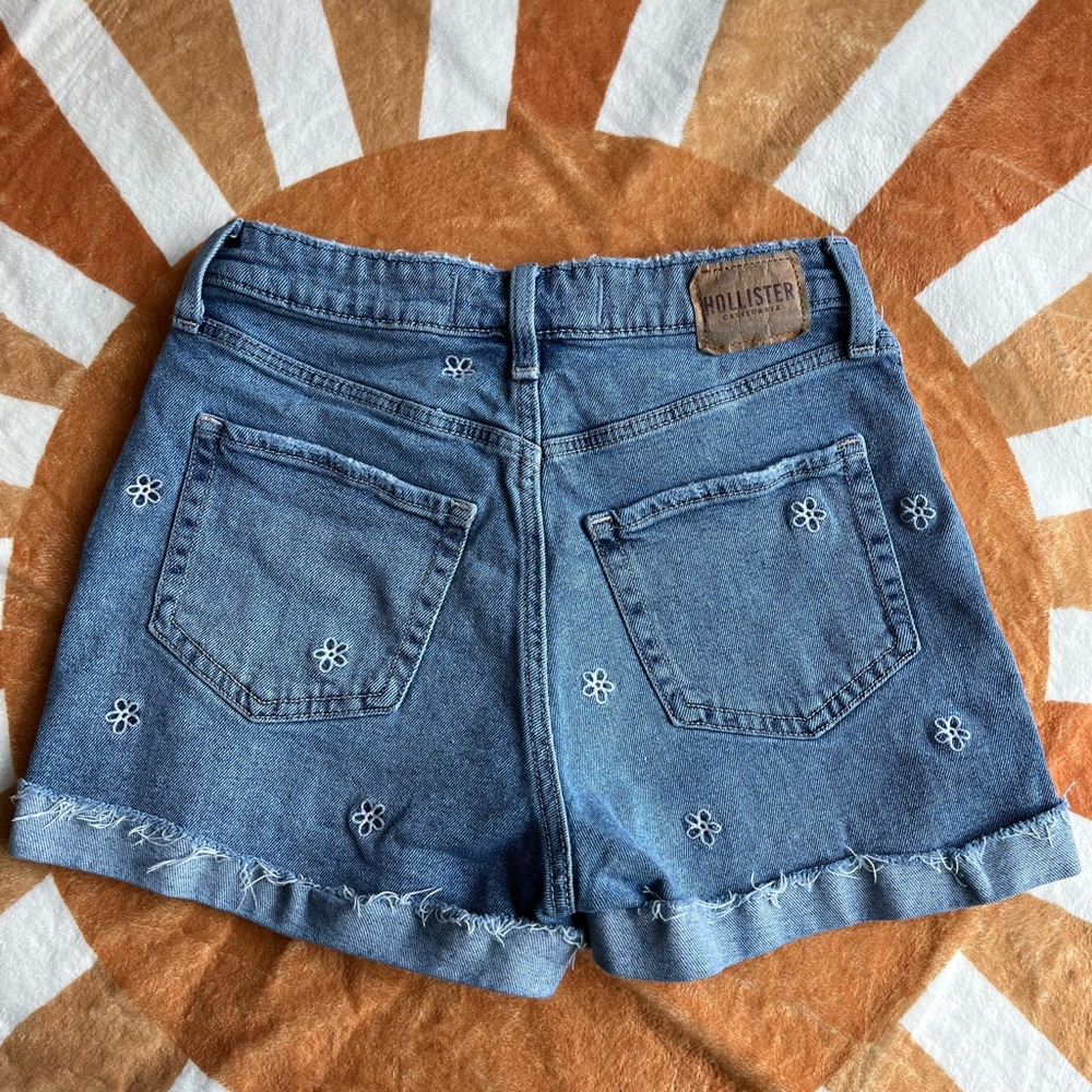 HOLLISTER Women's Blue Jean Shorts with Floral Embroidery